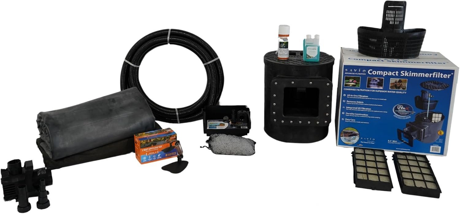 Simply Ponds 1200 GPH Water Garden Koi Pond Kit 10 x 15 Ft EPDM Liner | Custom water feature, 10″ Filtering Waterfall, Compact Skimmer, Aqua Pulse pump, plumbing fittings included