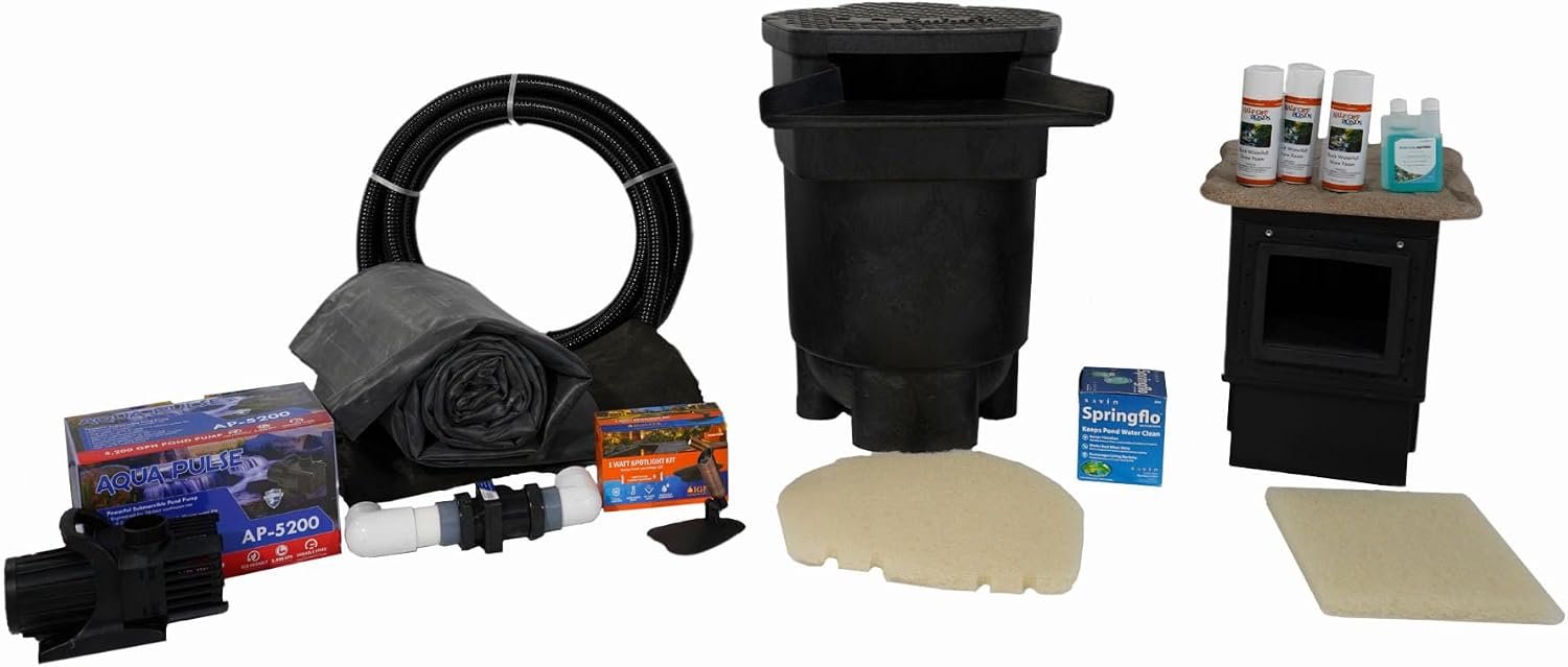 Complete Pro 5200 GPH Pond Kit 20 x 25 Ft EPDM Liner | Custom water feature kit, Savio filter, Crystal Falls skimmer, Aqua Pulse pump, LED spot light, All hardware included