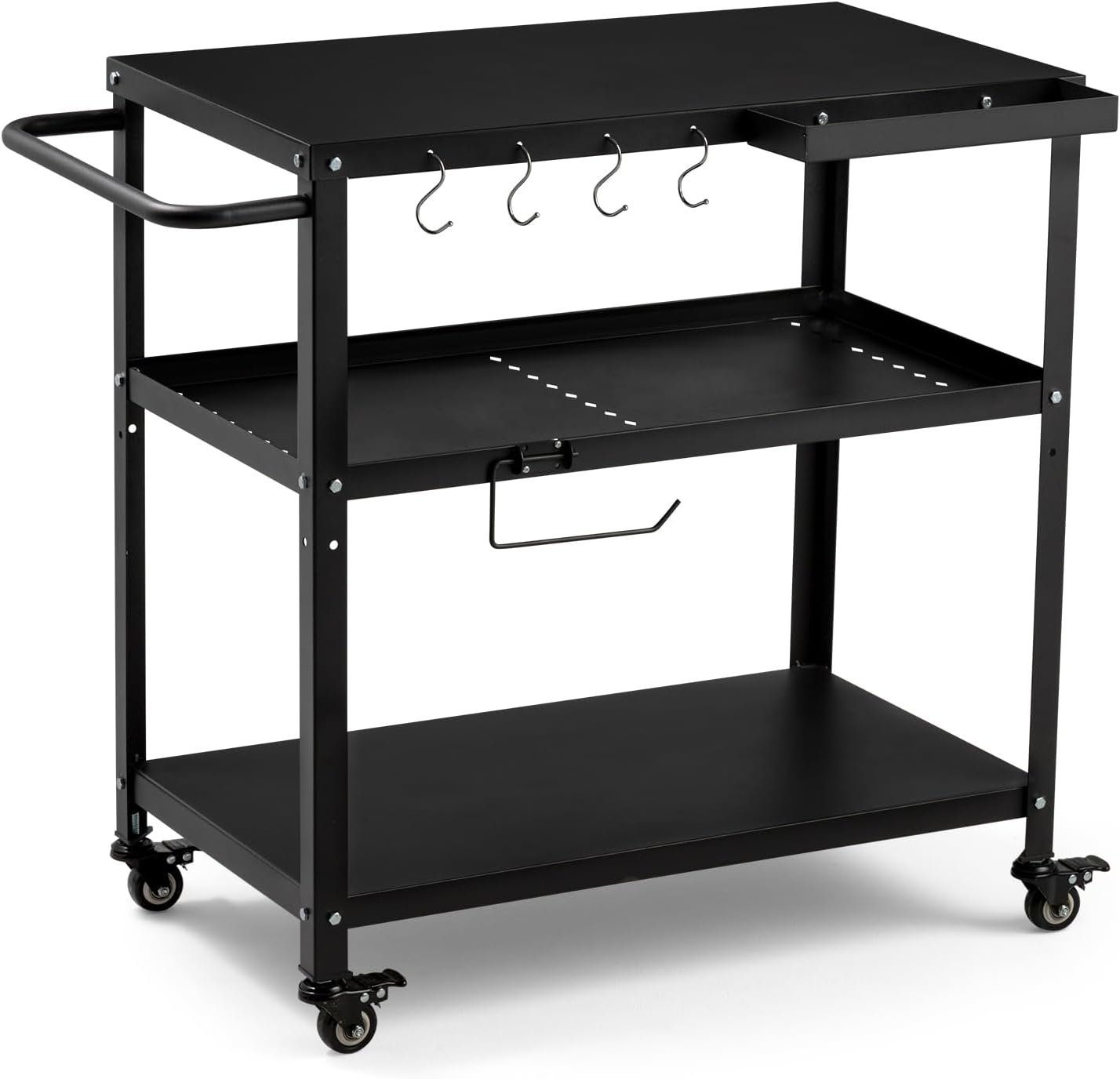 Outdoor Grill Cart Table, Pizza Oven Stand with Casters, Black | Multifunctional Grill Table for Pizza Oven & Griddle, 4 Lockable Wheels, Side Handles & Hooks for Indoor/Outdoor Use