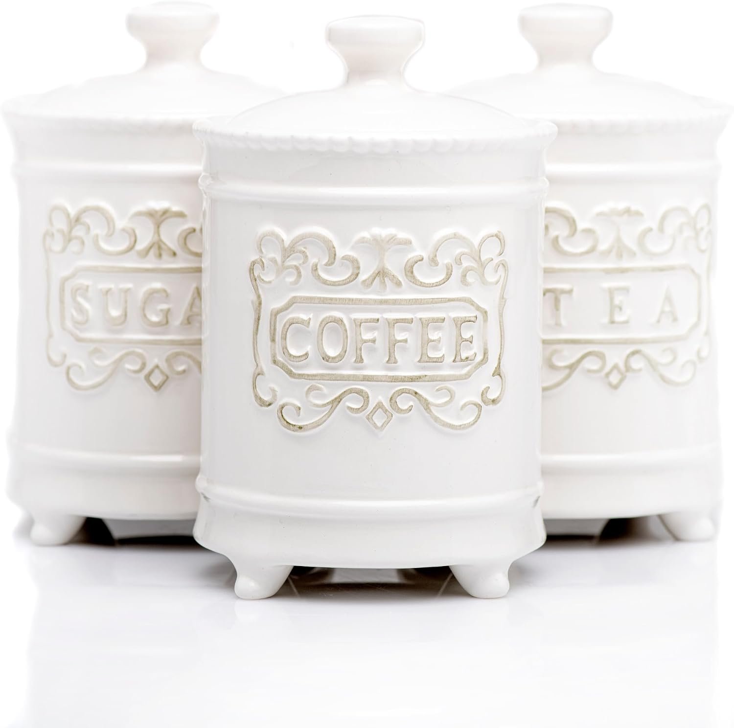 25DOL 35 Ounce Elegant Ceramic Kitchen Canisters Set of 3 – Beautifully Engraved Coffee Tea Sugar Storage Containers Airtight with Feet for Added Style and Stability – Ceramic Jar with Airtight Lid