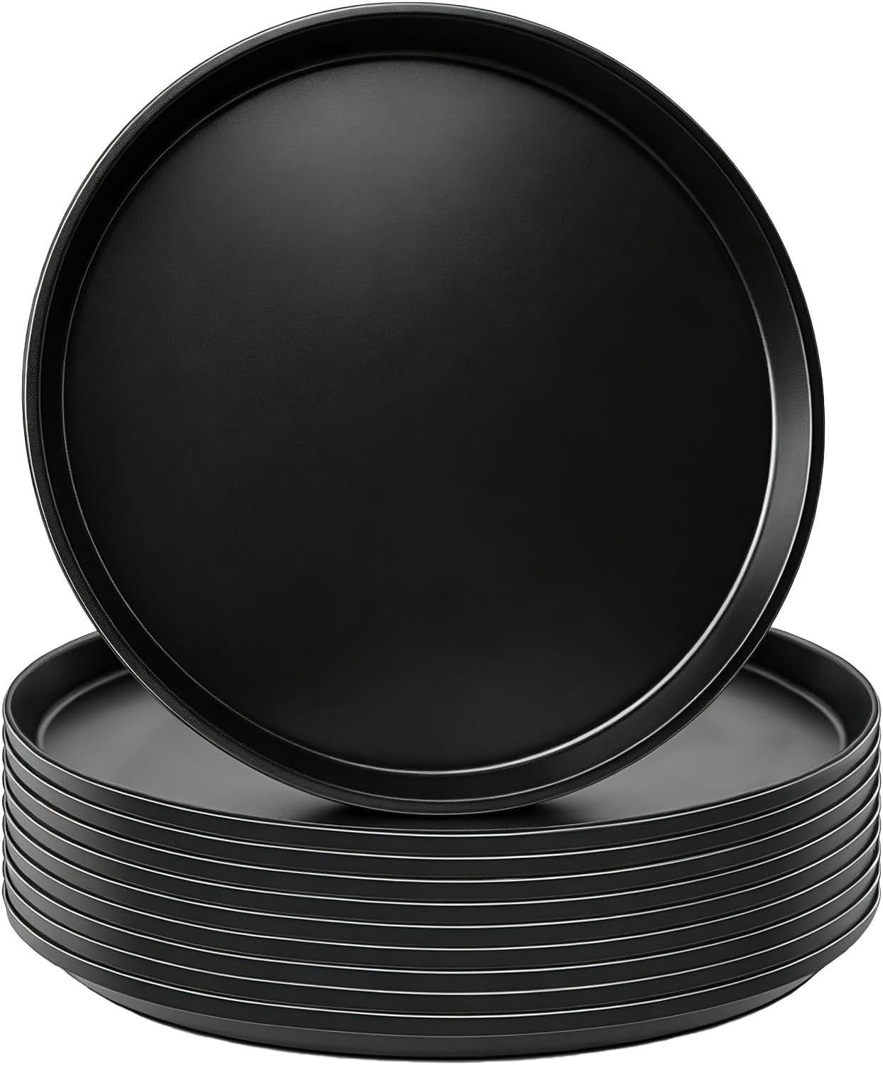 10 Pack Black Round Serving Tray, 15 Inch Non Slip Plastic Food Tray with Raised Edges, Reusable Server Platter for Home Kitchen Restaurant Cafeteria Bar
