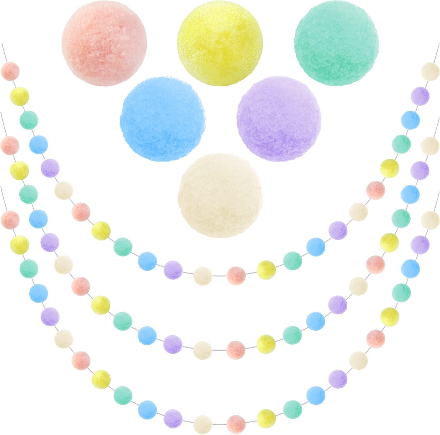 3pk Pastel Pom Pom Garland Easter Decorations Spring Home Decor Indoor Living Room Wall Classroom Xmas Tree, Cute Hanging Rainbow Colorful Felt Ball Garland Baby Shower Wedding Birthday Party Supplies