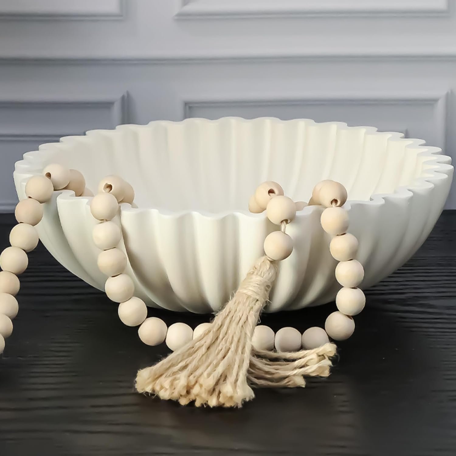 Decorative Bowl With Beads for Home Coffee Entry Table Decor | Concrete Modern Decor, Round 10″ Aesthetic Fruit Bowls, Scalloped Ruffle Centerpiece Decor