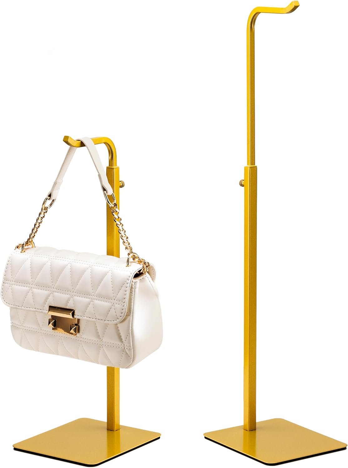 2-Pack Adjustable Tabletop Purse & Banner Display Stands, Gold | Tabletop hook holders display handbags, wreaths and banners in closets, retail stores and vendor booths.