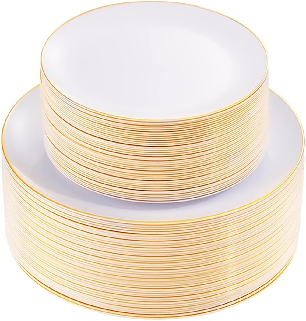 KIRE 100PCS White Plates with Gold Trim – Plastic Disposable Plates – Includes 50Pieces 10.25inch Dinner and 50Pieces 7.5inch Dessert/Salad Plastic Plate for Wedding Receptions/Party/Thanksgiving