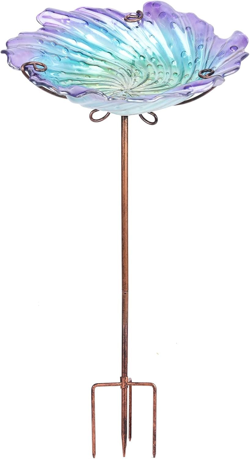 MUMTOP Bird Bath for Outside, Glass Birdbath Birdfeeder Purple Garden Stake | 26 Inch Flower Bird Bath for Outdoors with Four-Prong Ground Stake, Stable and Durable Design, Easy to Clean, Outdoor Decor