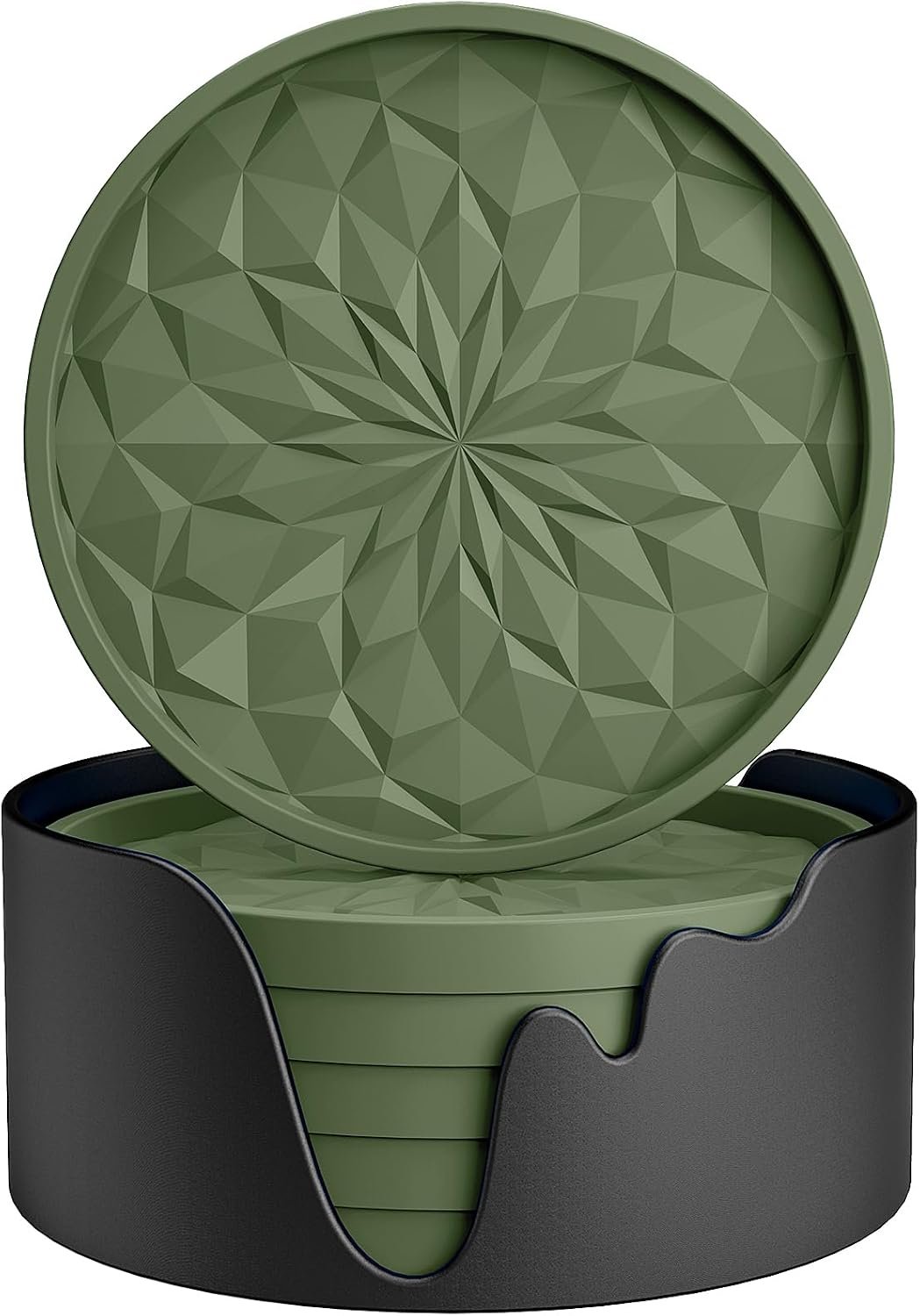 ME.FAN Silicone Coasters with Holder,[6 Pack] Drinking Coasters – Cup Mat for Hot or Cold Drinks, Thickened, Non-Slip, Non-stick,Deep Tray Olive Green