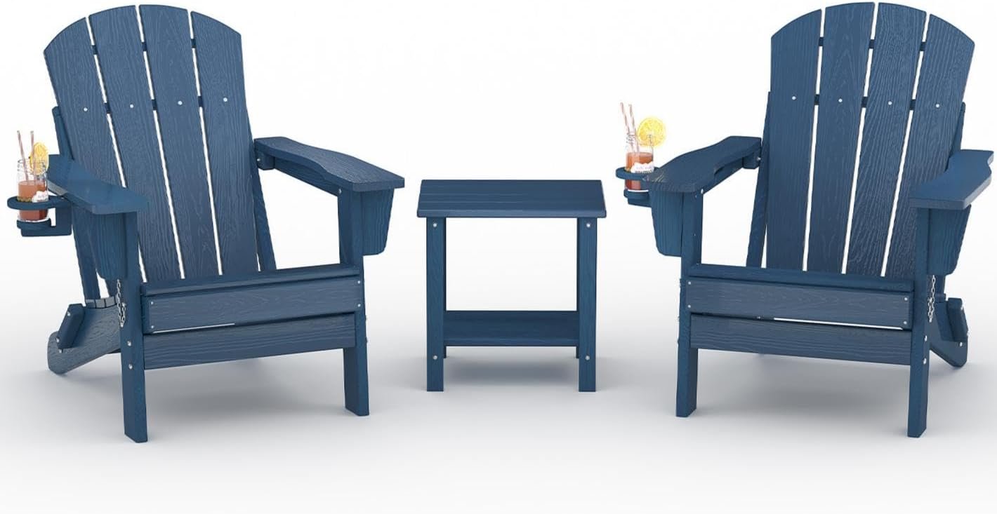 HDPE Folding Adirondack Chair Set of 2 with Side Table, Navy Blue | All-Weather Resistant & Wood Textured & Cup Holder Plastic Outdoor Chair Set for Patio, Deck, Garden, Fir Pit