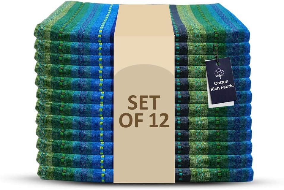 LFH Home Cotton Rich Cloth Salsa Napkin Set of 12 Washable Soft Durable Striped Table Napkins for Dining Wedding Daily Use Reusable Eco-Friendly Fabric Napkins for Elegant Settings(18×18)-Blue Multi