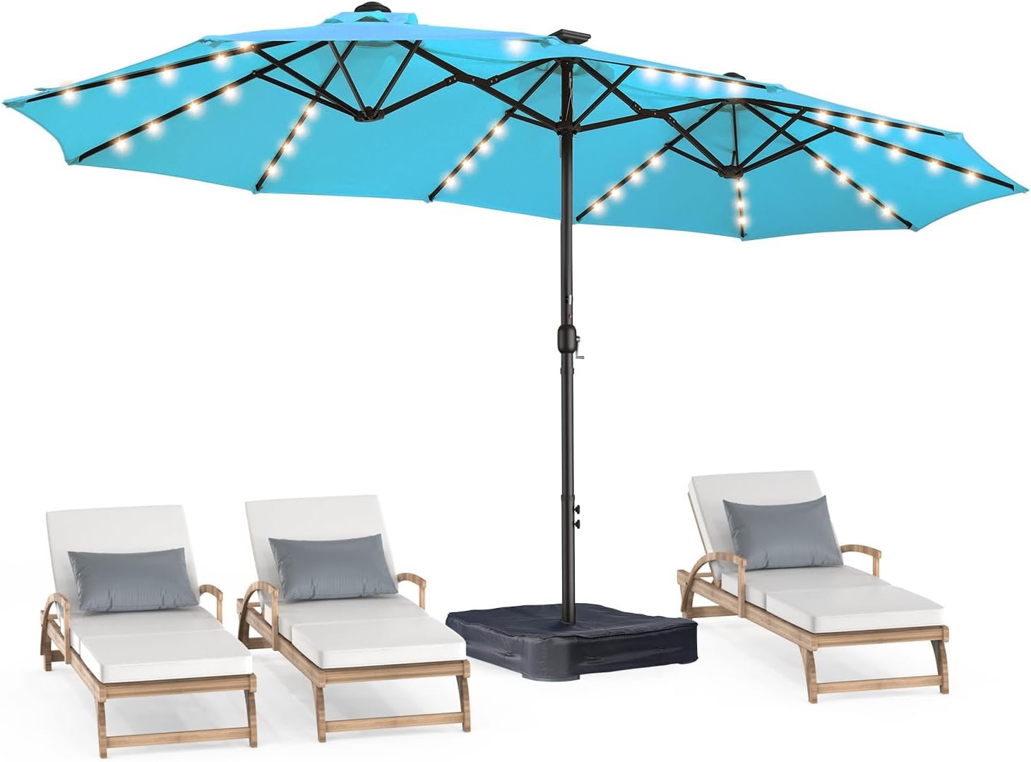 Double Sided Patio Umbrellas 15ft Solar Lights Lighted Umbrella | Outdoor Extra Large Market Table Umbrella with Base Included, Oversized Umbrella for Deck, Pool, Backyard