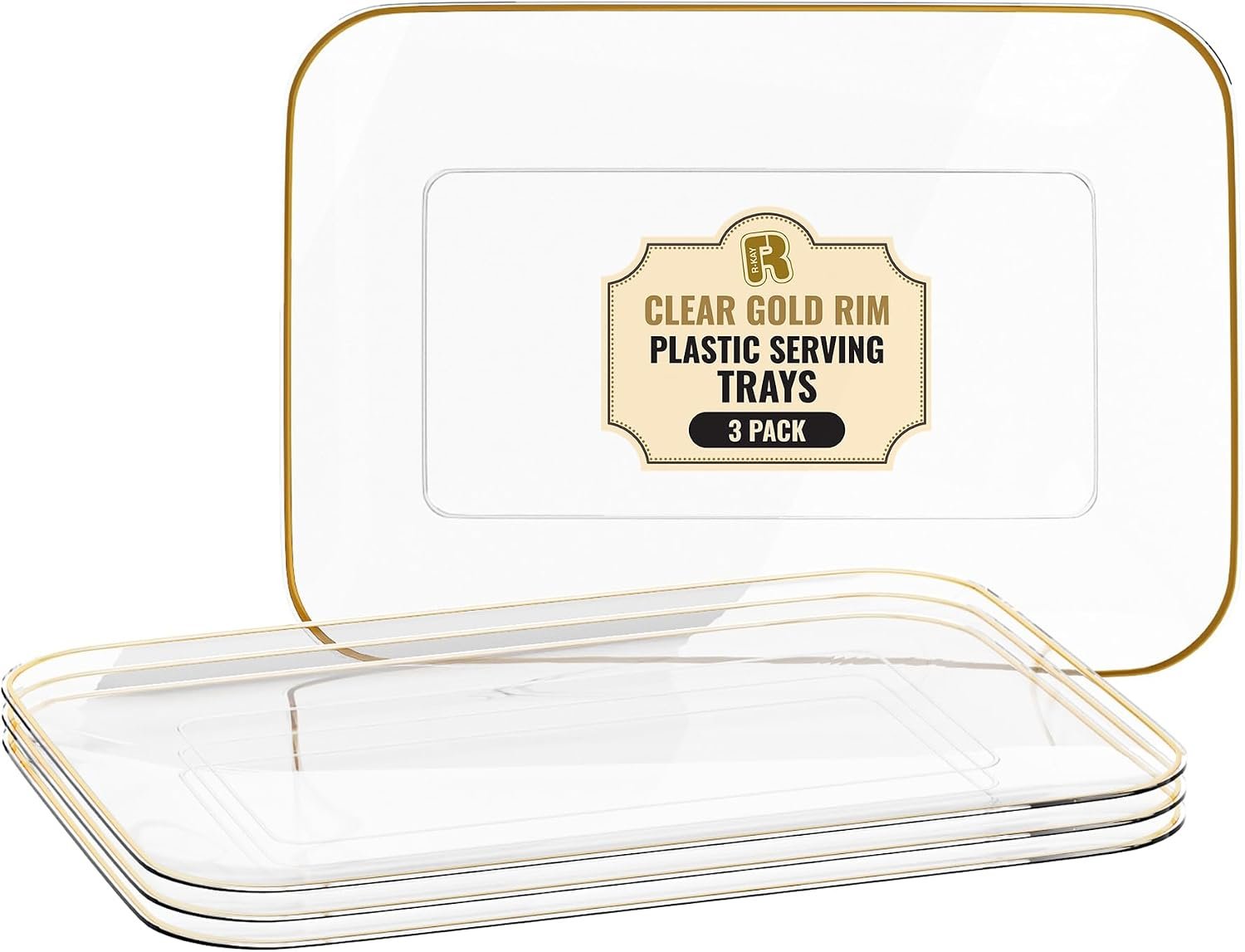 3 Pack Plastic Serving Trays for Party – Gold Serving Tray 8 x 11 Inch – Heavy Duty Dessert Trays for Food – Rectangular Party Serving Trays for Entertaining – Clear Cookie Platters