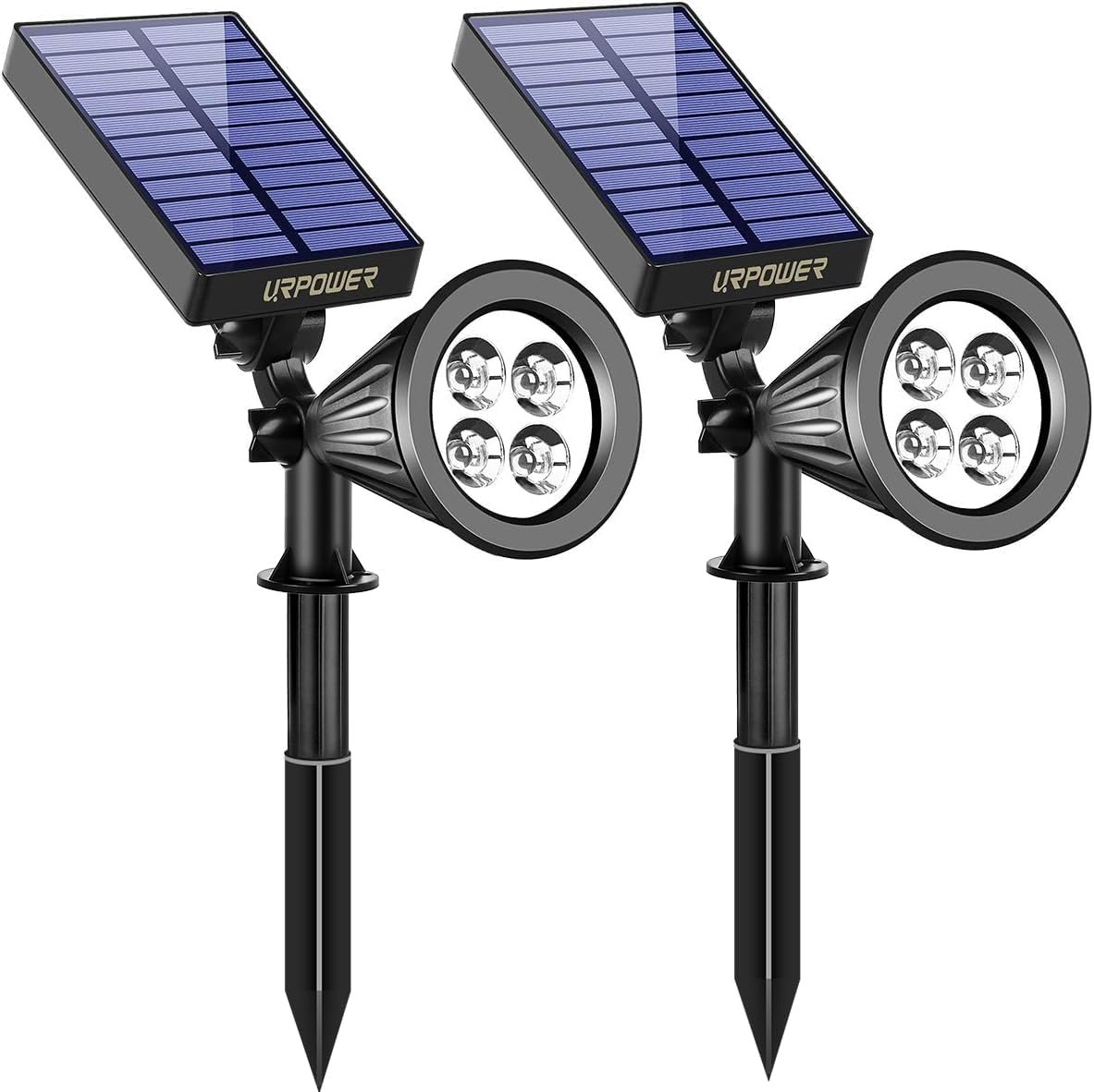 URPOWER Solar Spot Lights Outdoor Adjustable Spotlights, 2 Pack Cool White | 25 Ft Focused Beam, Dual Brightness Modes, IP65 Waterproof, Long Runtime, Ground or Wall Mount, Auto On/Off for Landscape
