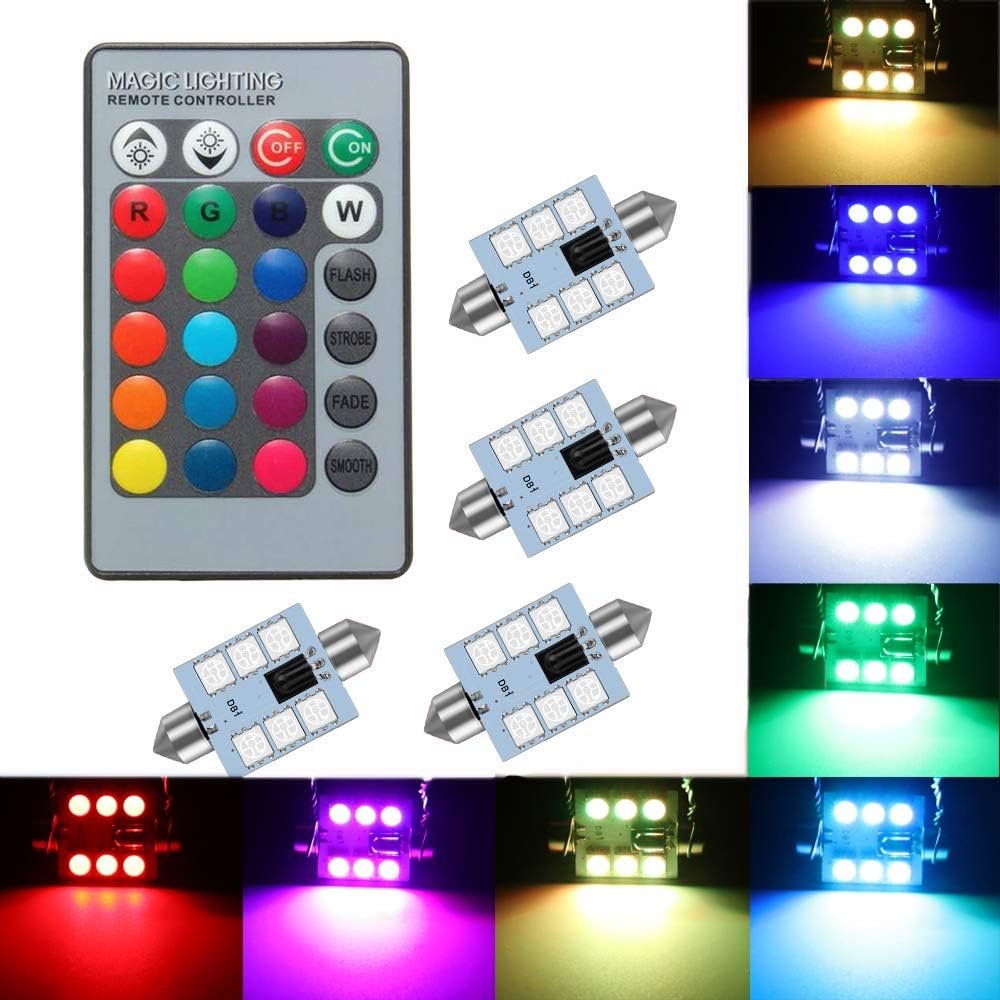 Cottonbell 578 LED Bulb 41mm 42mm 212-2 211-2 578 Festoon LED Bulbs 16 Colors RGB with Remote Control Replacement for Map Dome License Plate Courtesy Lights Lamps (Pack of 4)