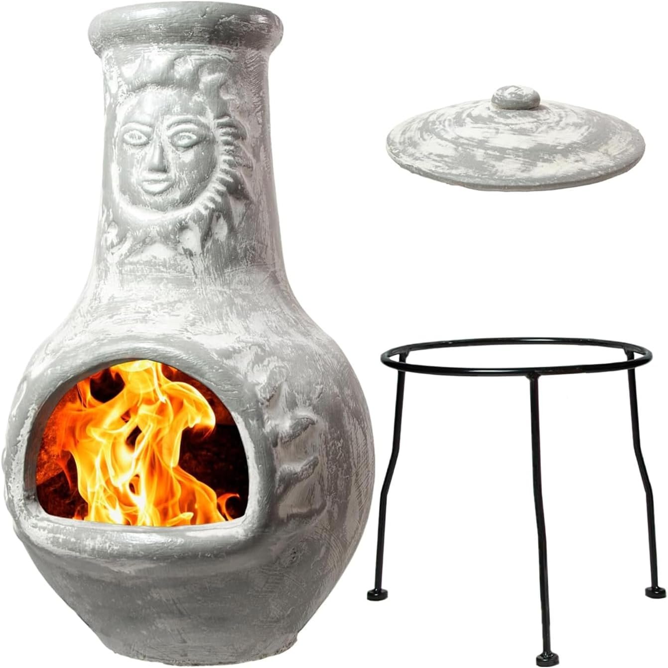 Medium Chiminea Outdoor Fireplace Grey Clay Chimineas with Chimney Rain Lids and Solid Metal Stands – Grey Terracotta Chimenea – Rustic Fire Pit Chimnea 16 x 16 x 32-inch