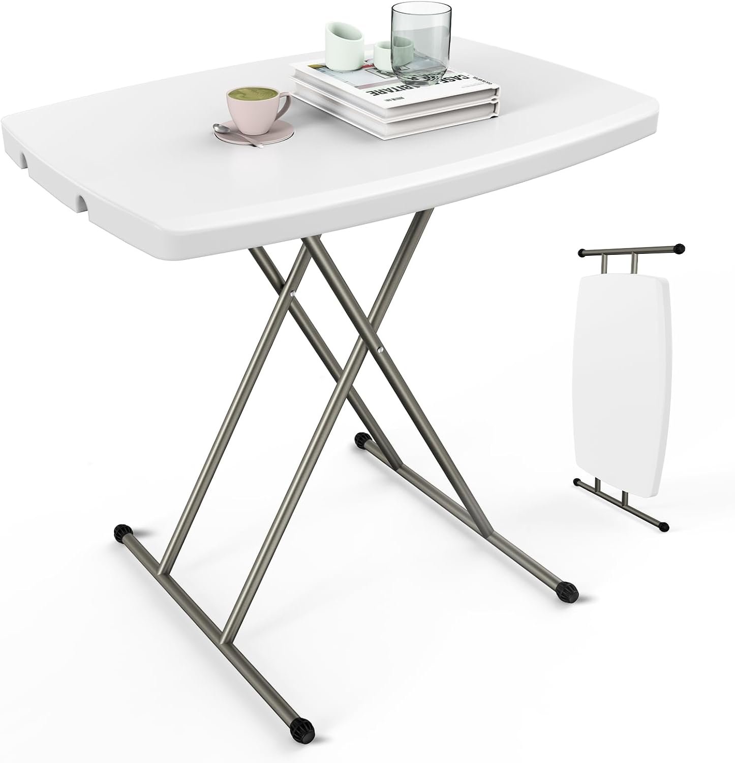 VINGLI Small Adjustable Folding Table, 13.8 in-28 in Height Personal Laptop TV Tray, HDPE Plastic Top with Steel Frame, 30 inch, White