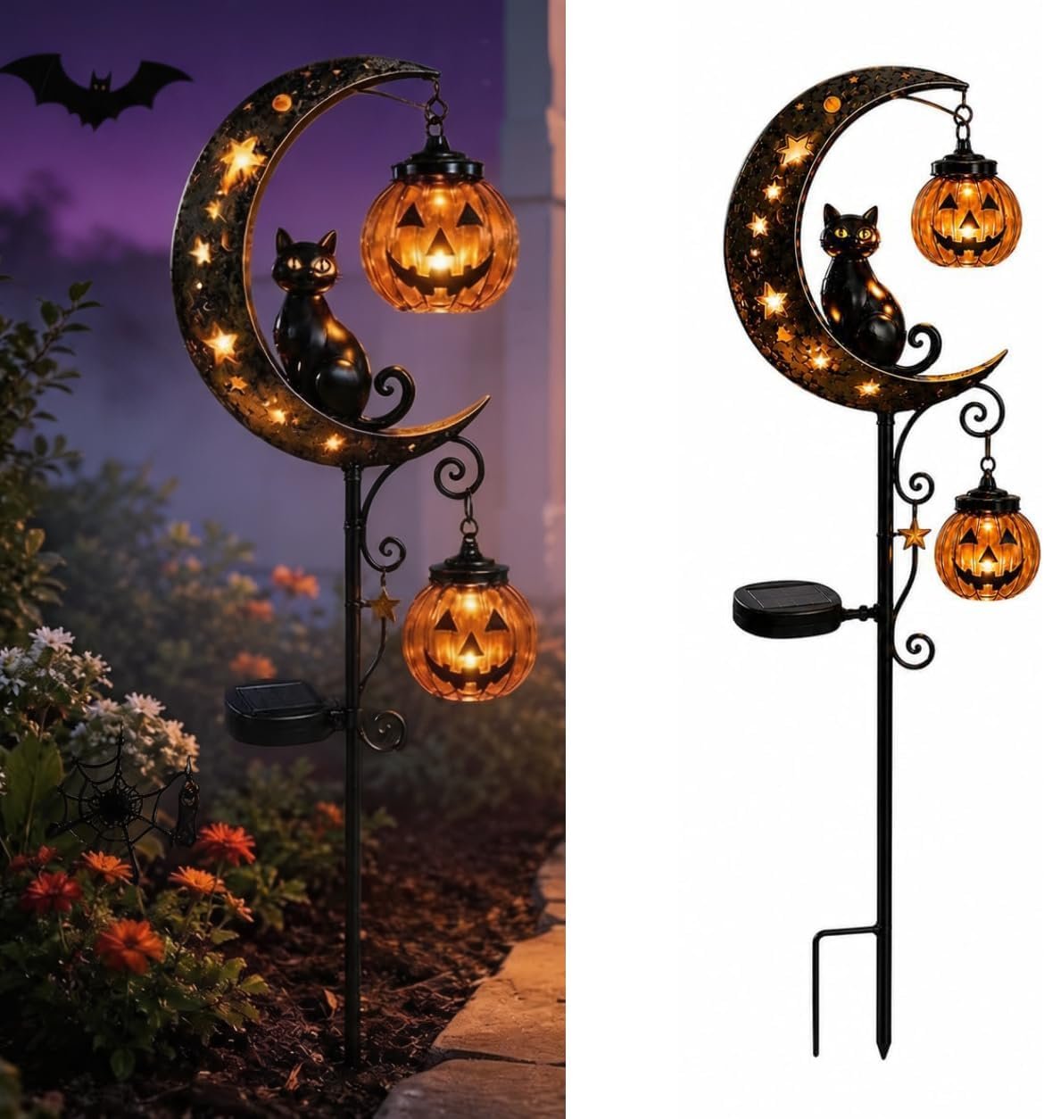 Metal Solar Halloween Black Cat Pumpkin Moon Garden Stake Light Auto On/Off | Waterproof Solar Black Cat on Crescent Moon with Hanging Pumpkin Lantern for Outdoor Patio Pathway Yard Lawn Decors