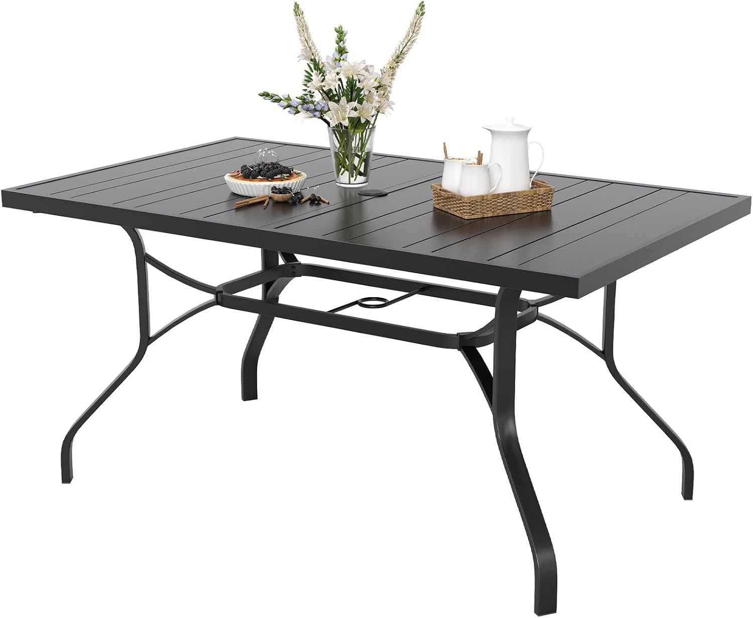Outdoor Dining Table 60″x35″, Rectangle Patio Dining Table with 1.57″ Umbrella Hole, Outdoor Metal Furniture for Patio, Graden, Backyard and Poolside, Weather-Resistant