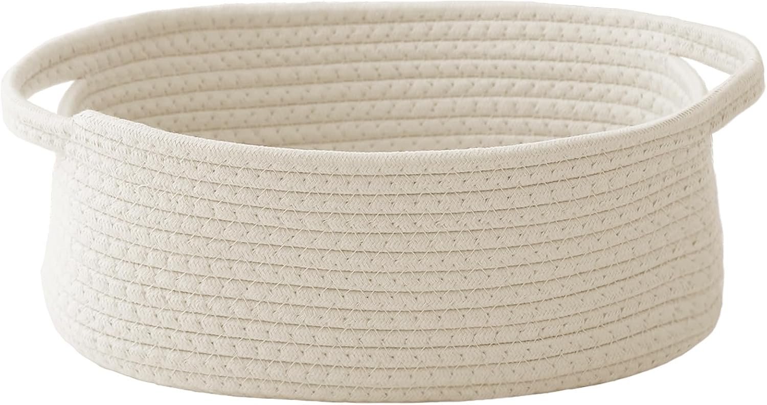 JMvicyroam Small Woven Basket, Empty Gift Basket, White/1 Pack | Small Gift Basket, Cotton Rope, 12 x 8 x 6 in, Handles, Includes Ribbon and Bag, Birthday Gift Basket