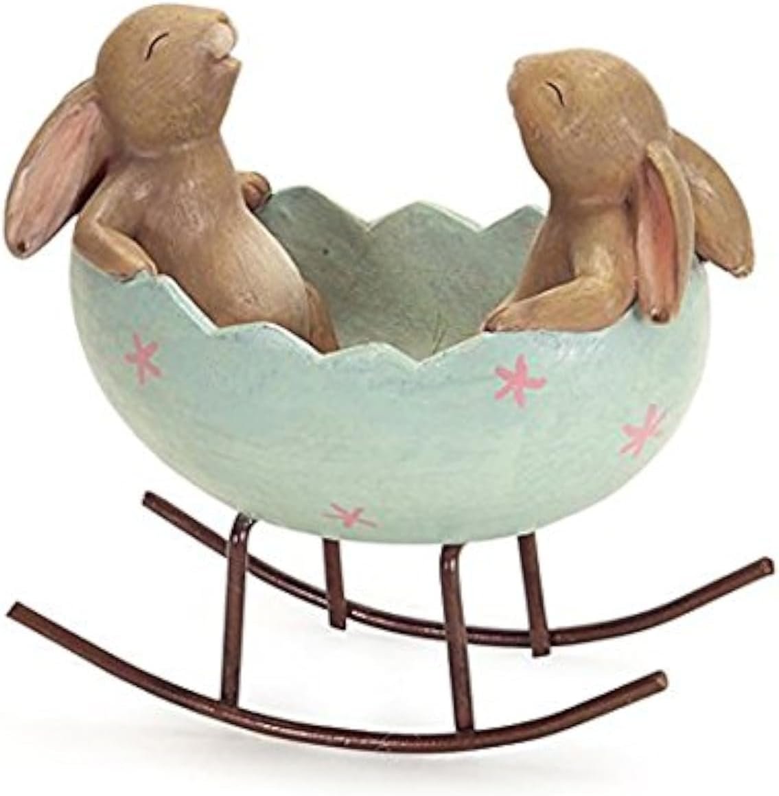 KiaoTime Laughing Bunny Rabbits Rocking in an Easter Egg Cradle Spring Easter Decoration Vintage Rustic Country Bunnies Rabbit Figurine Statue (Bunnies in a Cradle)
