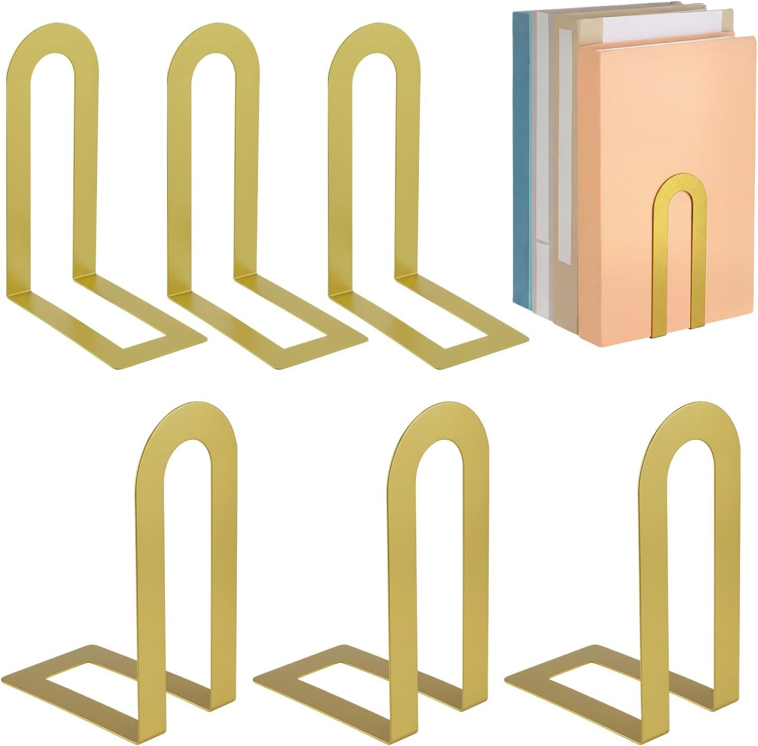 6 Pcs Metal Book Ends, Minimalist Gold, 5.5 * 3.75 * 2.25inch | Decorative Bookends for Shelves, Stackable Organizer for Home Office, Geometric Design Holds Books Upright, Dorm Decor
