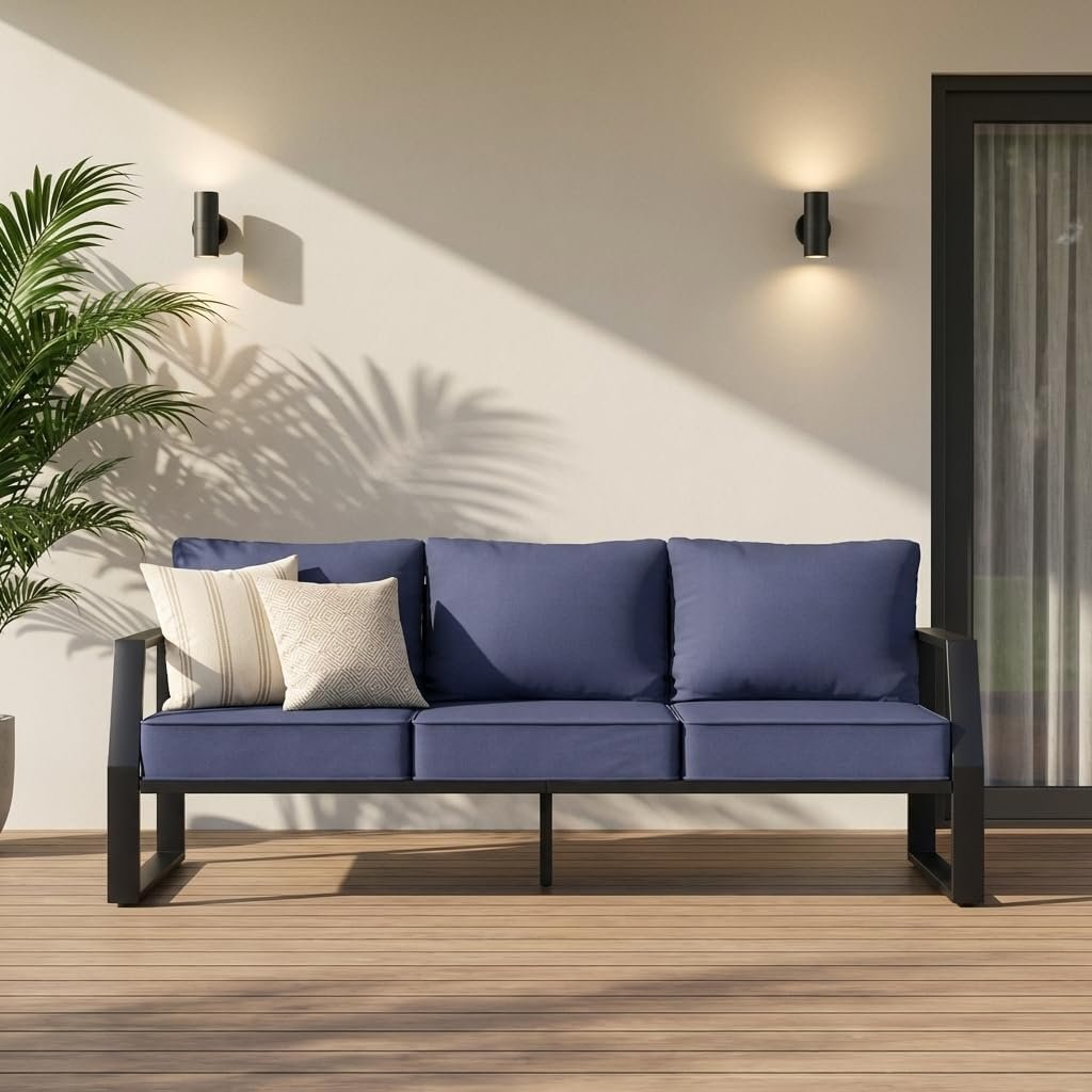 Oversized Outdoor Modern Patio Sofa for 3, 5″ Thick Cushions, Deep Seat & Wide Armrests, Comfortable Aluminum All-Weather Rustproof UV-Resistant Frame for Garden, Backyard, Porch