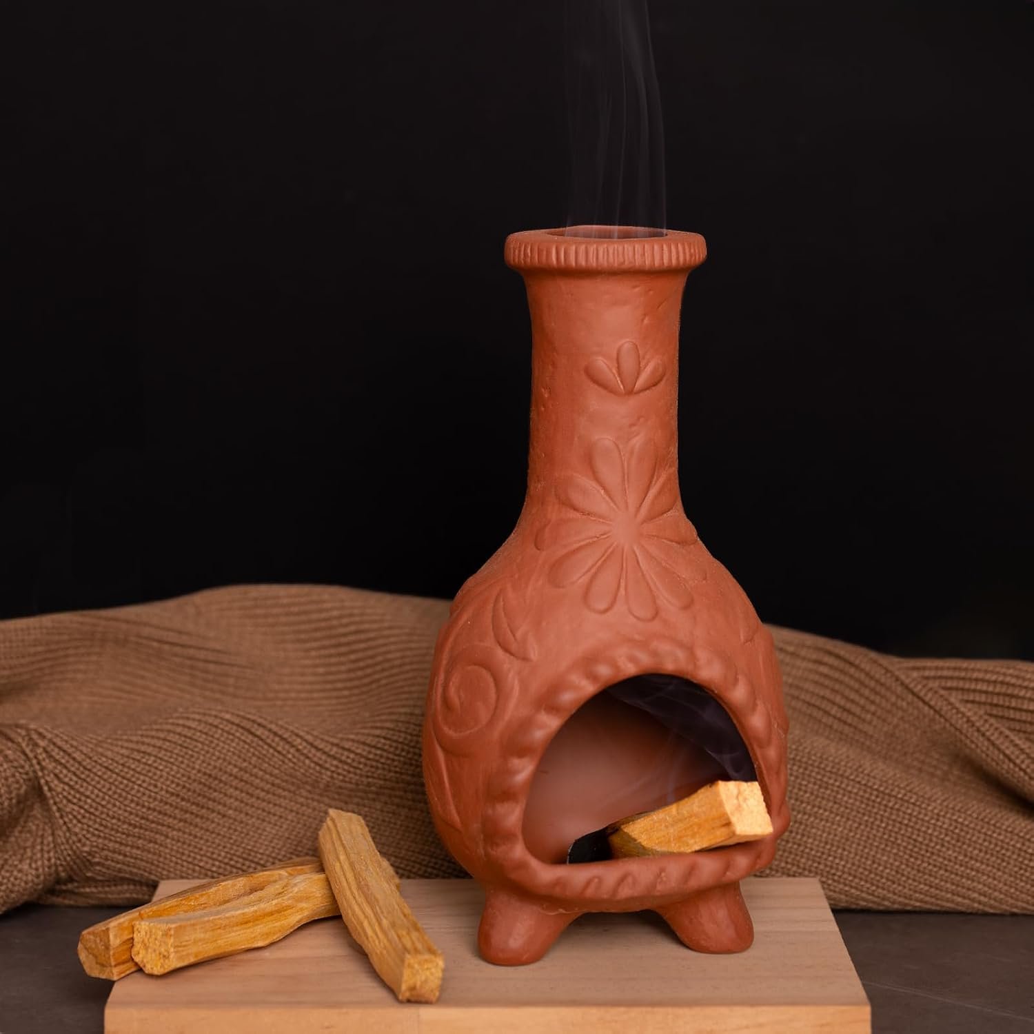 Handmade Palo Santo & Sage Burning Dish, Mini Floral Chiminea Smudge Bowl | Fireproof Ritual Altar Bowl for Spiritual Cleansing, Smudging Accessory for Yoga, Mindfulness & Witchcraft Altar Supplies