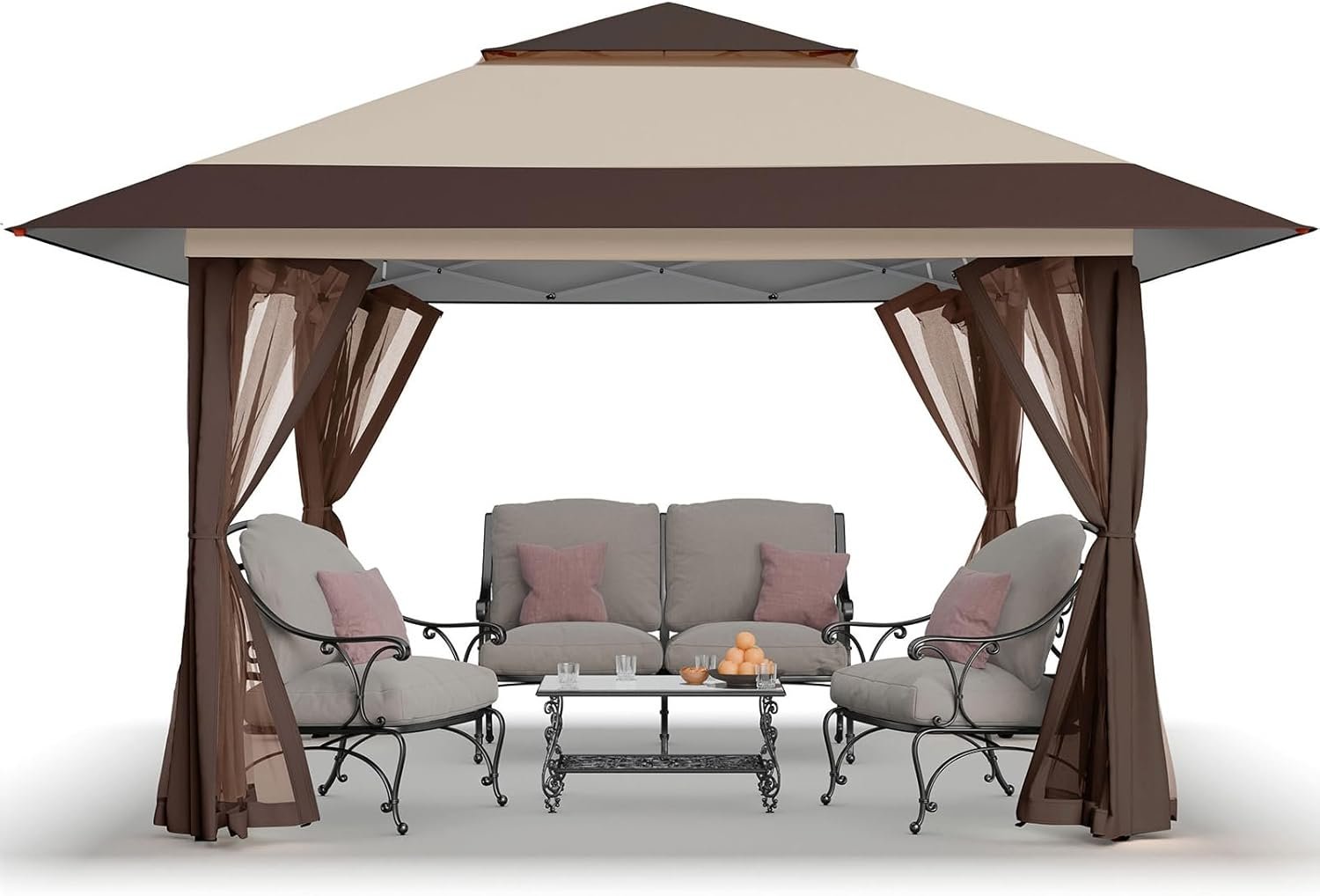 CROWN SHADES 13×13 Pop Up Gazebo, Clearance Canopy Tent,Beige & Coffee | Outdoor Gazebo for Backyard & Patio Furniture – Carpa Pop Up Tent with Wheeled STO-N-Go Cover Bag