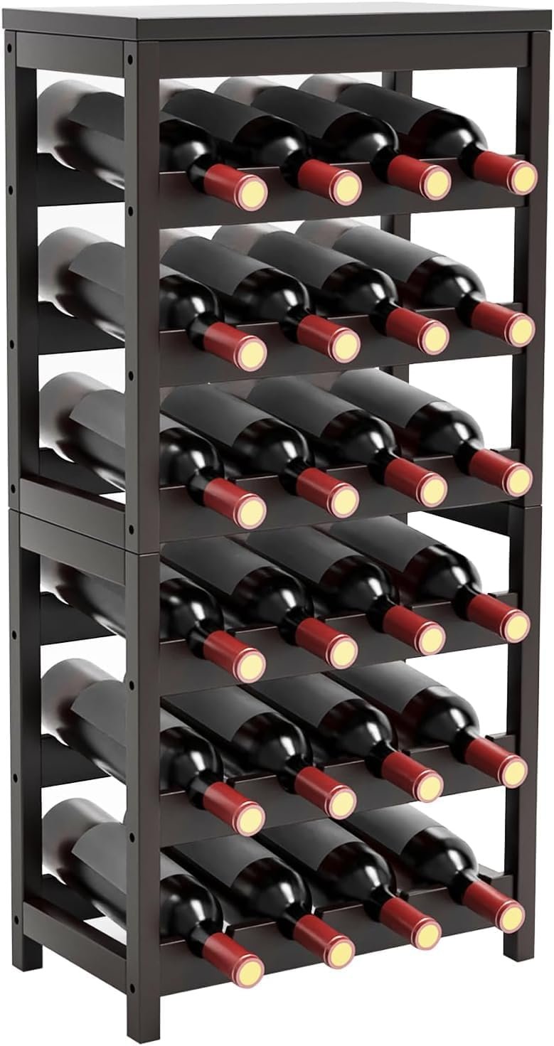 Wine Rack Free Standing Floor,6 Tier 24 Bottles Floor Wine Storage Shelves | Bamboo Wine Rack with Table Top,Wine Organizer Shelf for Kitchen Dining Room Bar,Easy-Assembly,Dark Brown