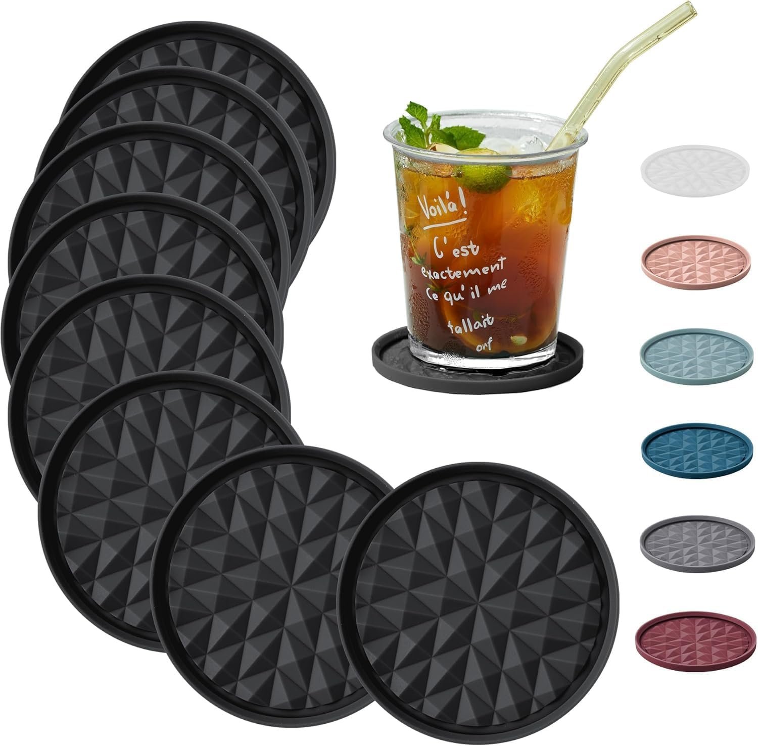 Silicone Drink Coasters Set of 8, Coaster for Desk | Prevents Condensation&Spills, Non-Slip, Reusable&Easy Clean, Diamond Pattern, Living Room&Kitchen Decor, Gift idea, Black