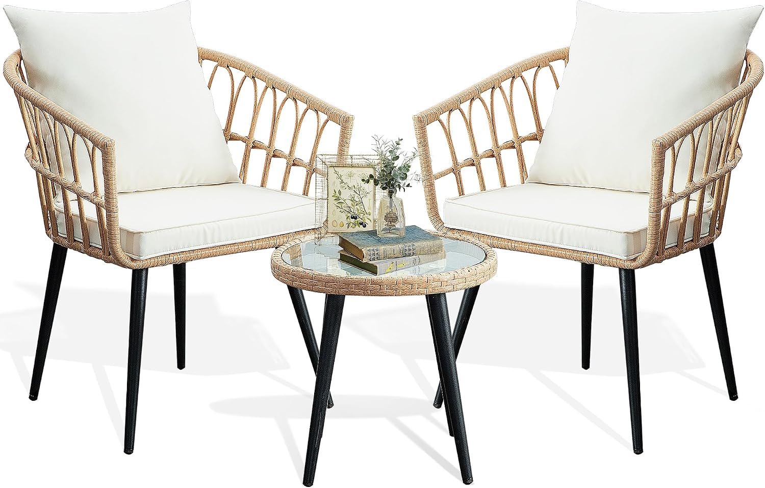PORWEY 3 Piece Patio Bistro Set, Outdoor Wicker Balcony Furniture Sets | Rattan Table and Chairs Set of 2 for Porch Backyard Lawn Poolside Deck, Beige