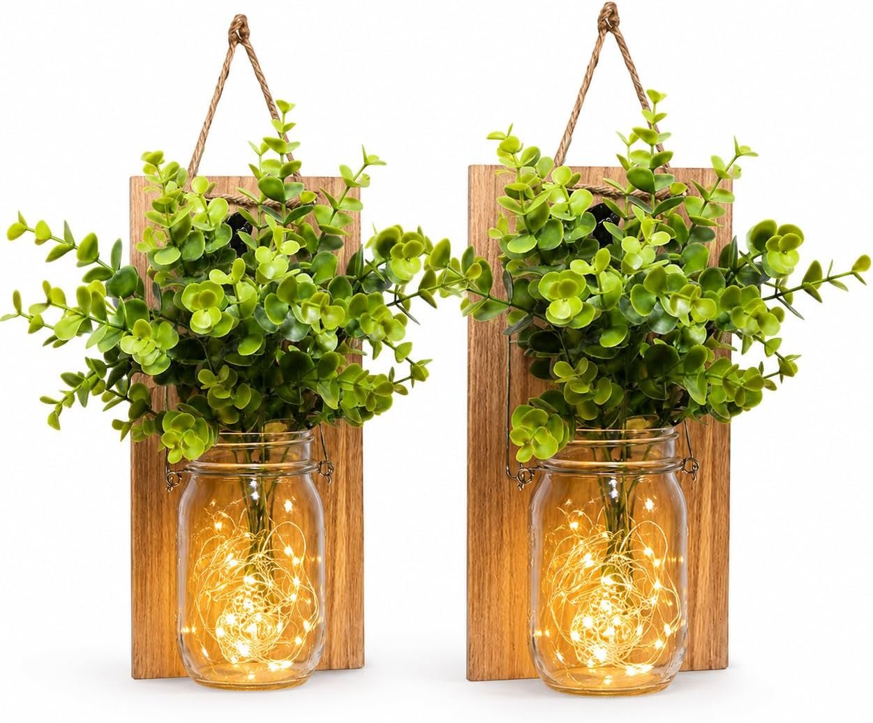 Rustic Wall Sconces, Mason Jar Sconces, Farmhouse Home Decor, LED Fairy Lights, Green Fake Plant, Interior Decoration Warm Toned Lighting. (2 Pack)