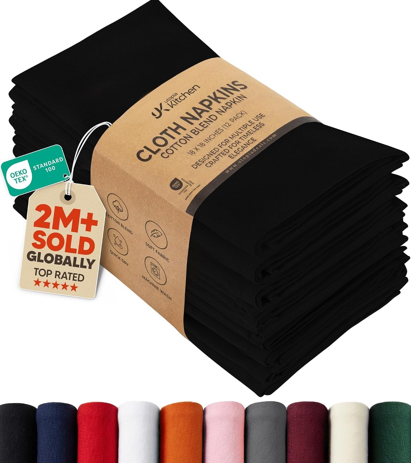 Utopia Kitchen Cotton Blend Black Cloth Napkins [12 Pack, 18×18 Inch] | Absorbent Washable and Reusable for Dinner, Restaurant, Lunch, Wedding and Hotel