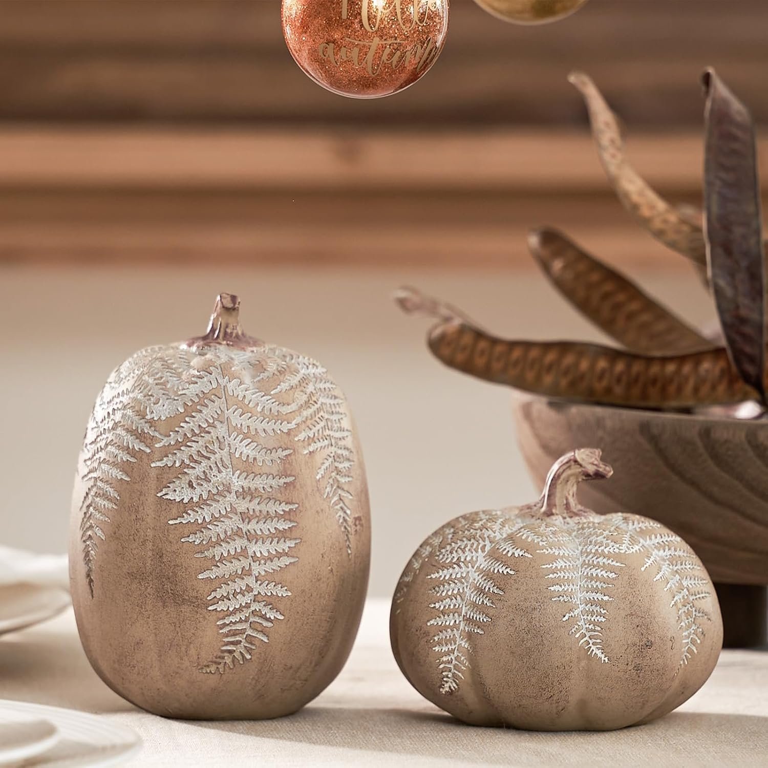 DN DECONATION Fall Pumpkin Decorations for Home, Faux Pumpkins Fall Decor | 2Pcs Pumpkins for Decorating, Rustic Brown Resin Pumpkins Decor with Carved Leaves, Thanksgiving Table Centerpiece Farmhouse