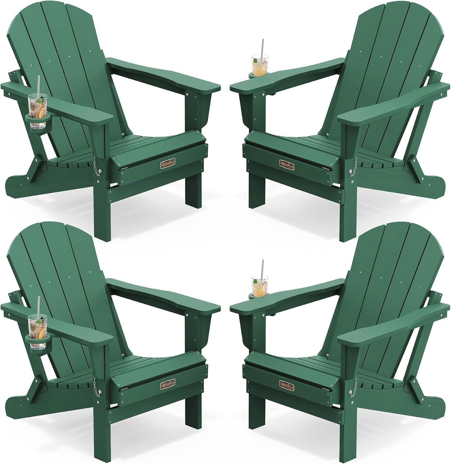 SERWALL Folding Adirondack Chairs Set of 4 with Cup Holder, Fire Pit -Green | Weather Resistant HIPS Adirondack Chair for Garden Outdoors Fire Pit Chairs, Patio Chairs with Wood Texture, SGS Tested