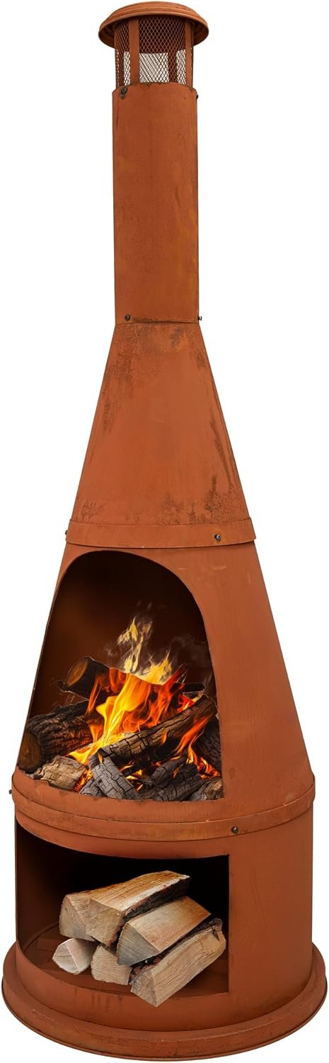 Sunnydaze 70″ Extra Large Chiminea Outdoor Fireplace with Built-in Log Rack | Rustic Patina, Steel, Wood Burning Metal Firepit with Chimney, Outdoor Chiminea Fire Pit for Outside Patio, Deck, or Backyard