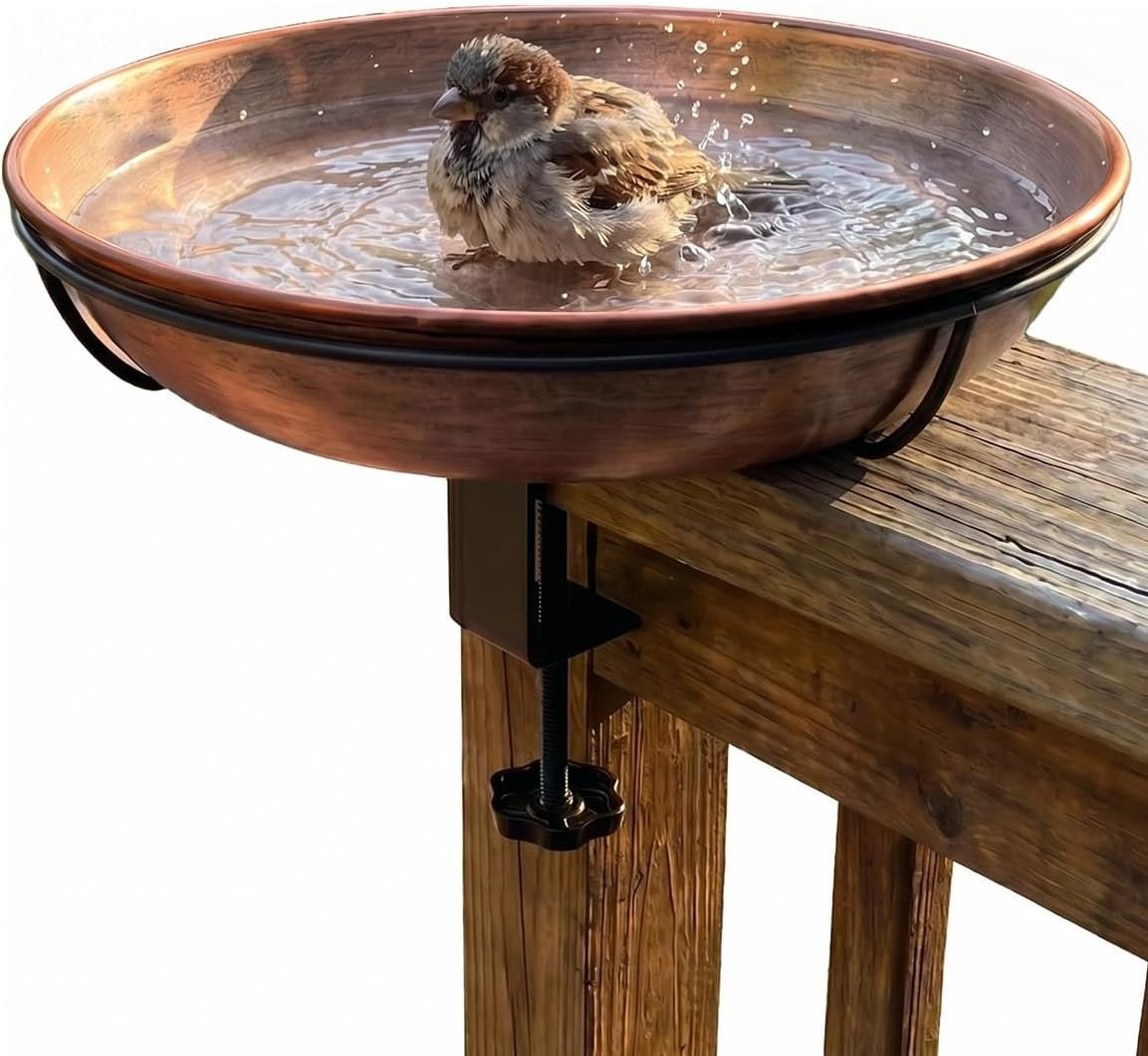 Deck Mounted Bird Bath with Adjustable Clamp, Removable Metal Bowl | 0.7 Gal Capacity, Easy Clean, Balcony Deck Use, Stable Railing Mount