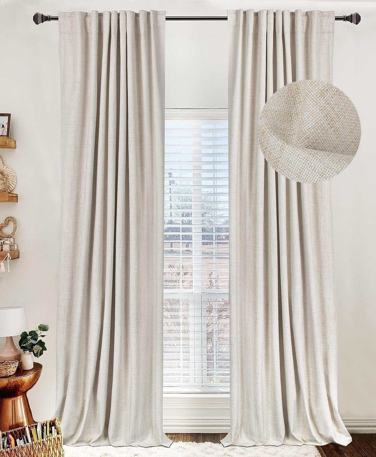 Linen Textured Total Blackout Curtains for Bedroom 102 Inches Long, Cream | 100% Blackout Shield, Back Tab/Rod Pocket Living Room Drapes, Thermal Insulated Blackout Curtains 2 Panels Set, 50″W x 102″L
