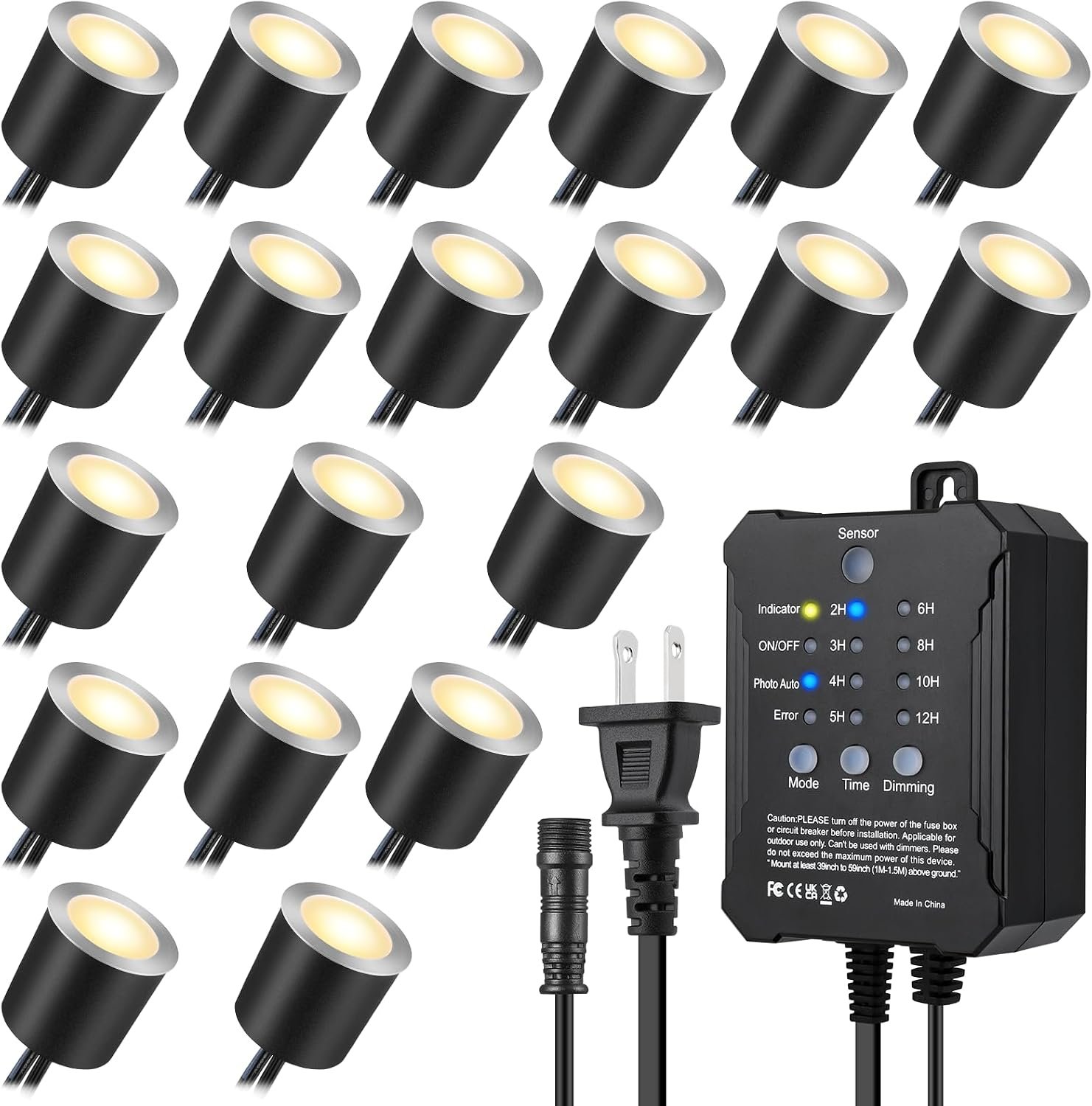 Dimmable LED Deck Lights with Timer and Photocell Sensor and Protecting Shell φ32mm,20Pack Outdoor LED Smart Deck Lighting IP67 Waterproof for Garden,Yard Stair, Patio, Floor Decoration