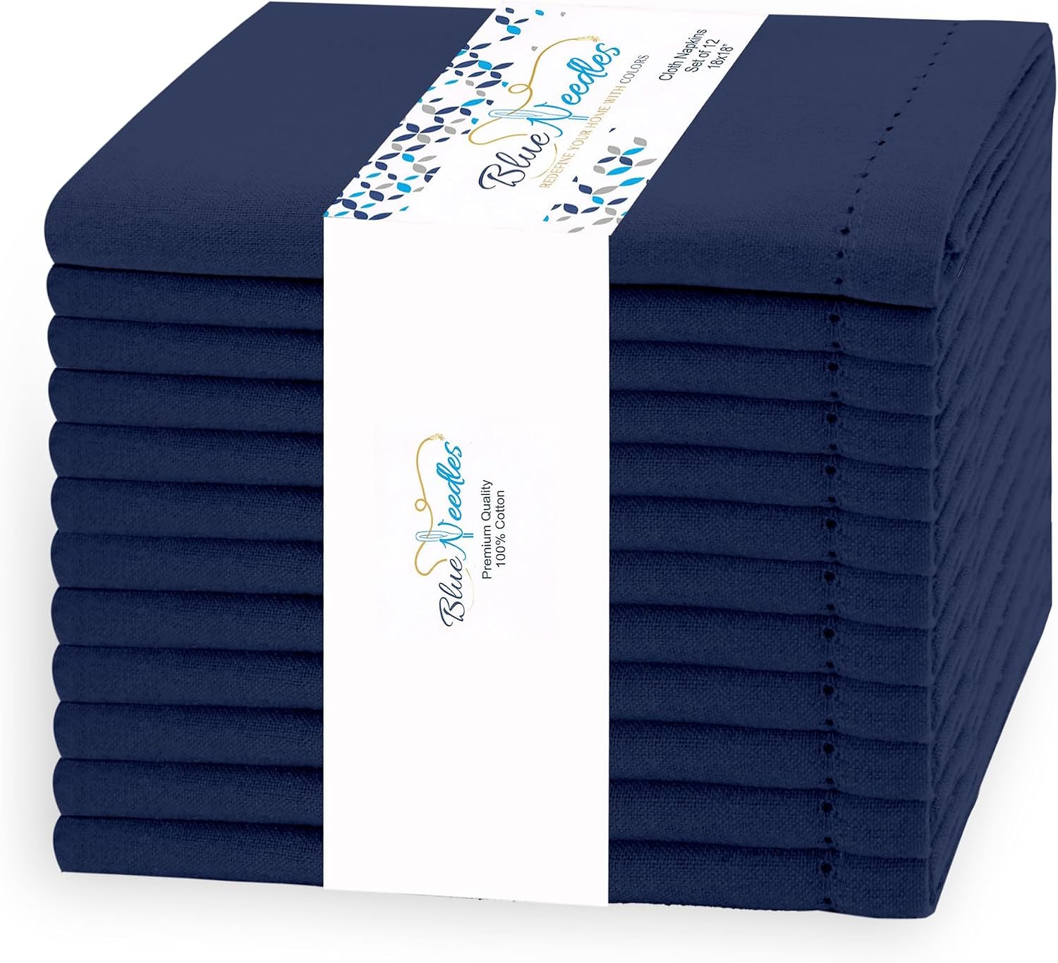 Blue Needles Navy Blue Hemstitch Linen Napkins Set of 12-100% Cotton Cloth Dinner Napkins 18×18 inches, Soft, Reusable, Absorbent, Washable Ideal for Spring Summer Easter Parties & Everyday Use