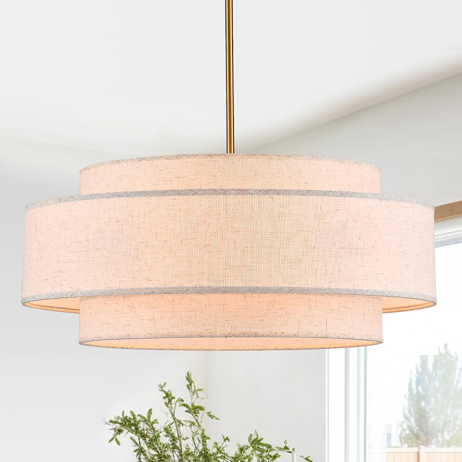 23.6″ Large Linen Drum Chandelier, 6-Light Golden Light Fixture | Soft linen shade, gold frame, modern vintage farmhouse design for dining room, kitchen island, living room, adjustable height