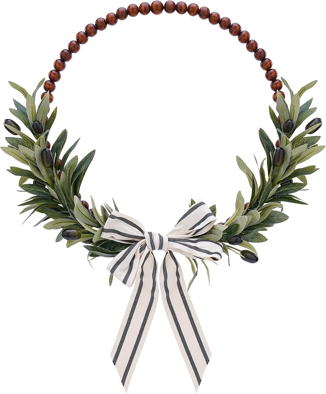 Wood Bead Olive Leaves Wreaths, 13 Inch Greenery Leaf Wreaths | Artificial, Farmhouse Rustic Boho Wall Hanging Decor, All Seasons, Natural Home Indoor Outdoor Bedroom Decoration