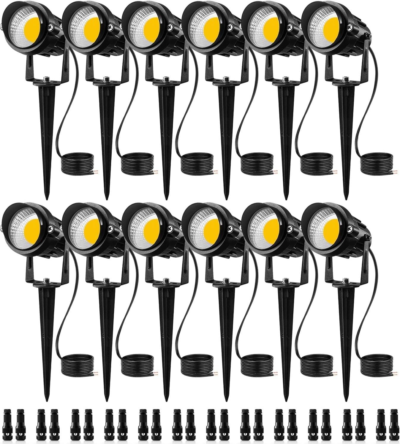 SUNVIE Low Voltage LED Landscape Lights with Spike Stand & Connector 12Pack | 12-24V 3000K Waterproof 900LM Pathway Garden Lights Wired Wall Tree Flag Landscape Spot lights Outdoor (Require Transformer)