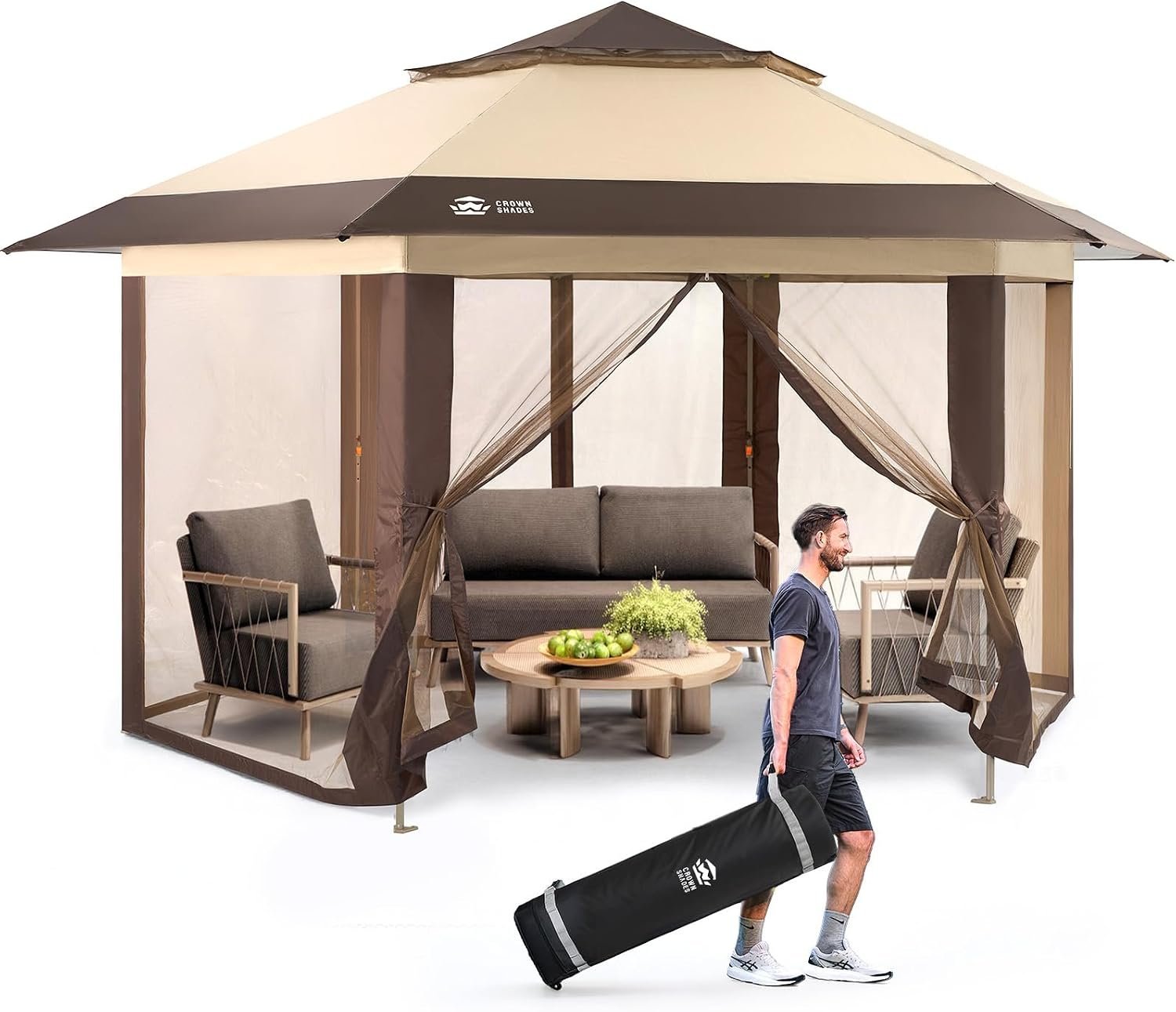 CROWN SHADES 13×13 Pop Up Gazebo with Mosquito Nettings, Beige&Coffee | Portable Gazebo with CENTERLOK, 300D Silver-Coated Fabric UPF 50+, Sun Shade Canopy Tent for Garden, Patio