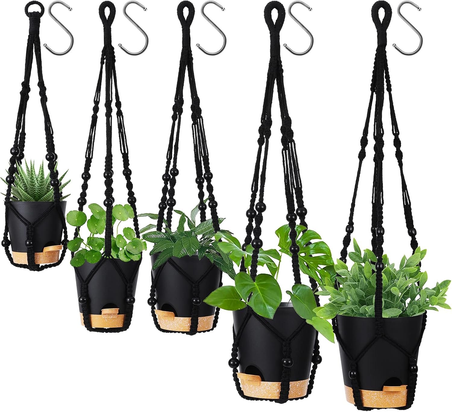 Hanging Planters for Indoor Plants,5Pcs Hanging Basket for Indoor Boho Home Decor,Macrame Plant Hanger,35 Inches,29Inch,23Inch, Ivory,Self Watering Planters, 7/6.5/6/5.5/5 Inch,Black&Black