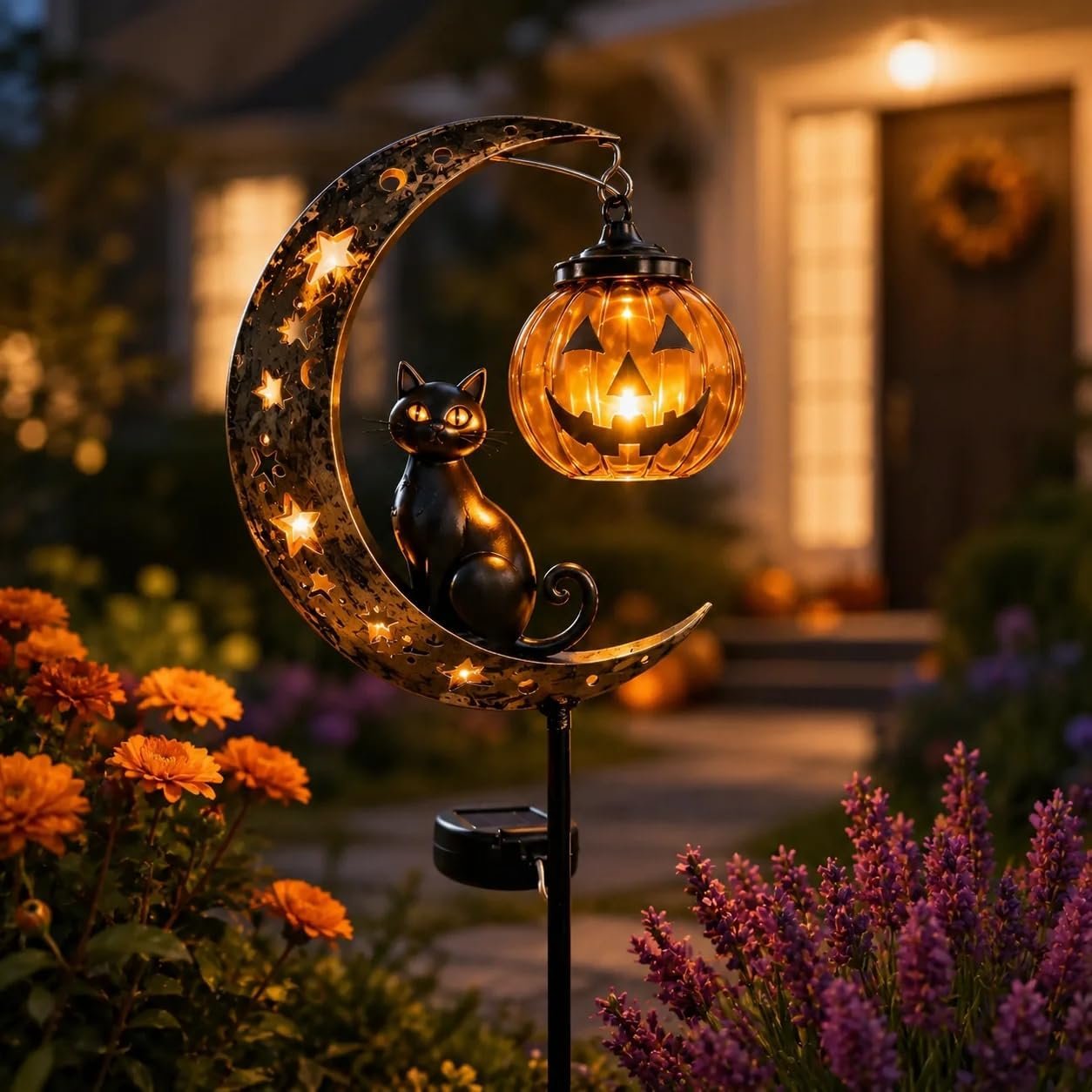 Solar Halloween Black Cat & Pumpkin Moon Garden Stake Light, Waterproof Solar Black Cat on Crescent Moon with Hanging Pumpkin Lantern, Outdoor Halloween Yard Decor for Garden, Patio, Lawn, Pathway