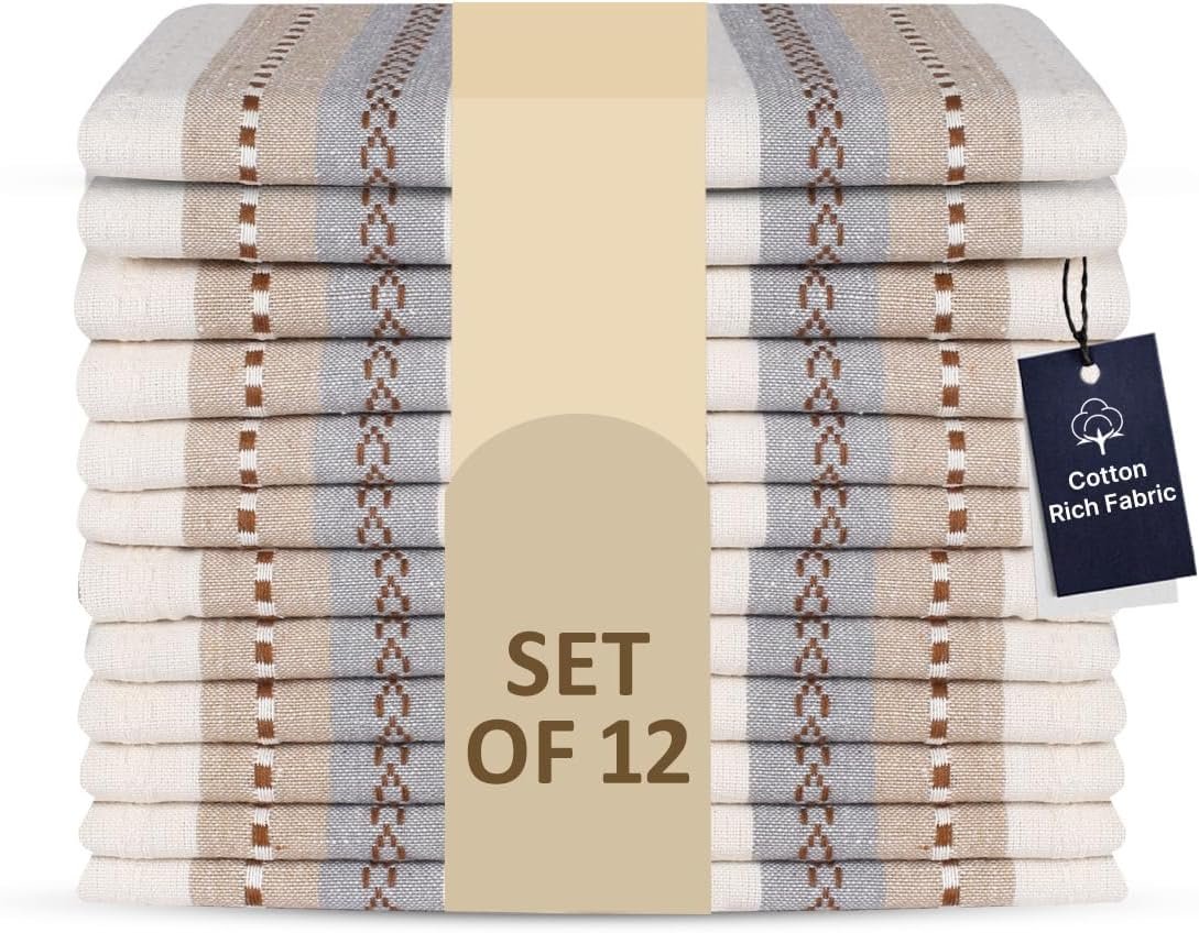 LFH Home Cotton Rich Cloth Salsa Napkin Set of 12 Washable Soft Durable Striped Table Napkins for Dining Wedding Daily Use Reusable Eco-Friendly Fabric Napkins (18×18)-Cream Multi Thanks Giving