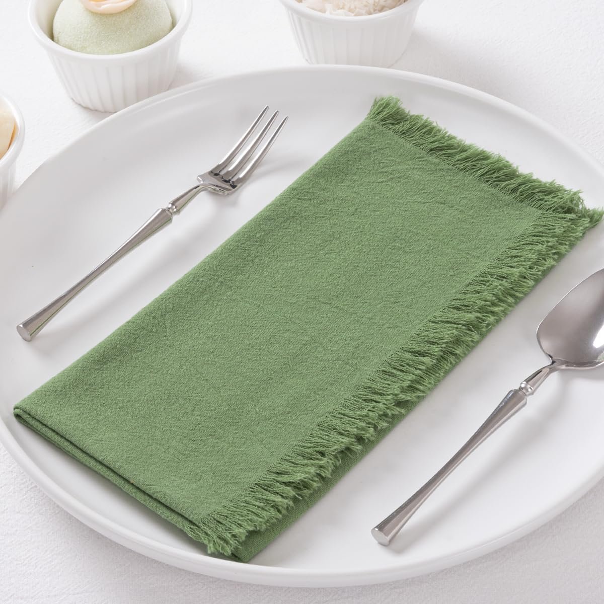 DeZerlor Sage Green Summer Cotton Linen Washable Cloth Napkins Set of 6 | Reusable Boho Handmade Table Napkins Bulk with Fringe, for Wedding Party Dinner Cocktail Bridal Baby Shower, 17 x 17 Inches