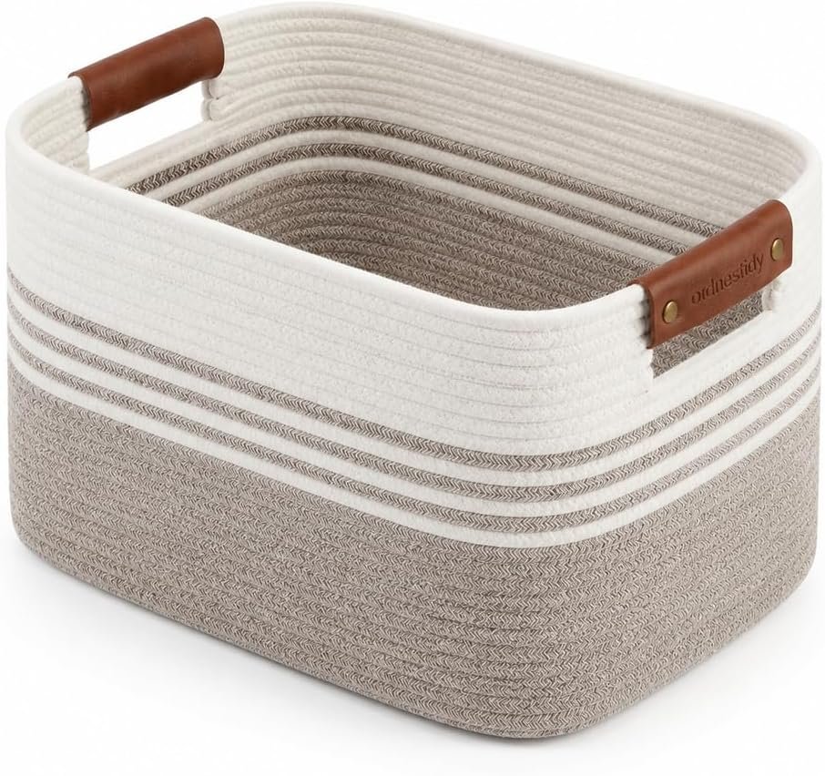 Cotton Rope Laundry Basket Medium, 15.4GAL Collapsible Woven Storage Baskets for Living Room Kids Toys Stuffed Animal,Boho Rectangular Decorative Short Hamper for Dirty Clothes, Blankets White Brown