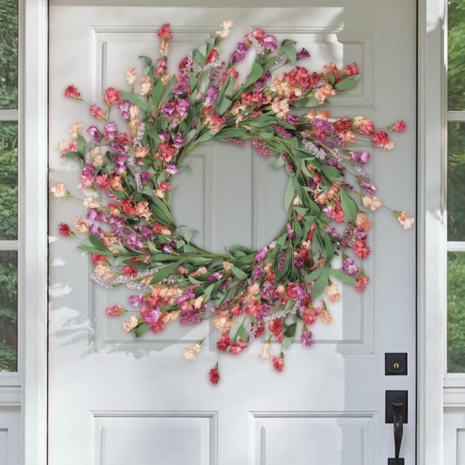 Artgar Front Door Wreath 24 Inch Spring/Summer Wreaths for Front Door | Front Door Wreaths for All Seasons for Indoor Outdoor Home Office Wall Window Wedding Farmhouse Decor (Red&Orange&Purple)