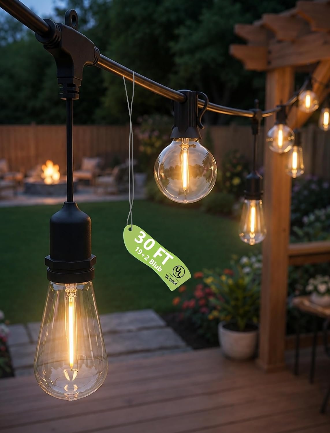 30FT 19-Light T Shape Outdoor String Lights, ST38 G40 Patio Lights | 19 Shatterproof LED Bulbs, 2700K Warm White, UL-Listed, Dimmable, IP65, Plug In, Commercial Grade Patio Pergola Cafe Backyard